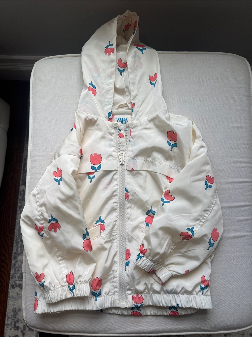 Zara Cream Hooded Floral Raincoat with Pink and Teal Tulips 4-5 years